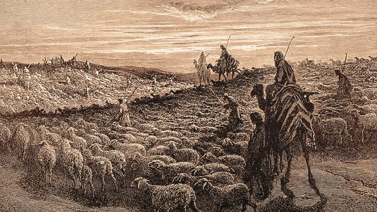 Dios dijo a Abraham: "Vete de tu tierra y de tu parentela, y de la casa de tu padre, a la tierra que te mostraré. Y haré de ti una nación grande, y te bendeciré, y engrandeceré tu nombre, y serás bendición". Una representación artística de Abraham con un rebaño