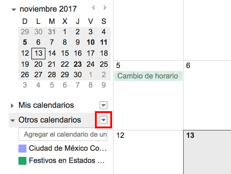 Encuentre la pestaña "Otros calendarios"