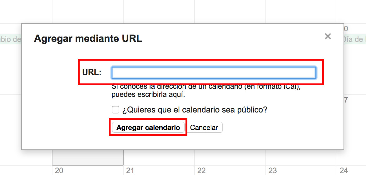 Pegue la dirección URL administrada en la casilla. Luego haga clic en "Agregar calendario".