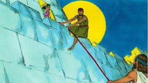Rahab ayuda a escapar a los espías con una cuerda desde la ventana
