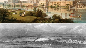 Arriba, una ilustración del Palacio de Ninive. Abajo, las ruinas del mismo, conocidas como el montículo de Tell Kuyinjik.