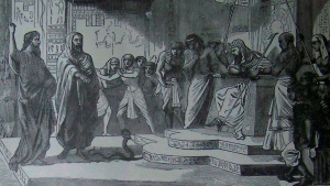 Moisés y Aaron frente a la corte de Faraón