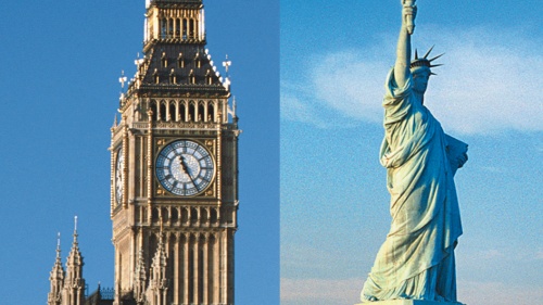 El reloj Big Ben en London, Inglaterra y la Estatua de la Libertad en Nueva York, Estados Unidos. 
