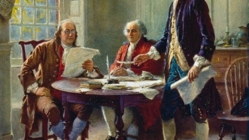 Benjamin Franklin, John Adams y Thomas Jefferson redactan la Declaración de Independencia, la cual concluyeron con una plegaria a Dios.