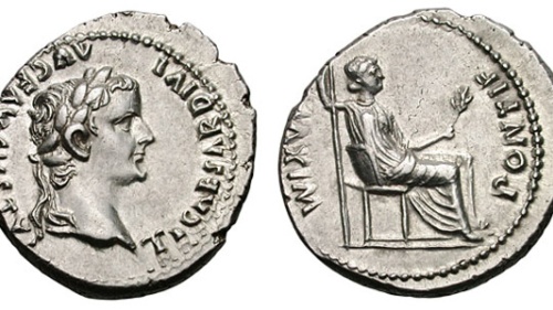 Denario con cara y sello de Tiberio César (14-37 d.C.)