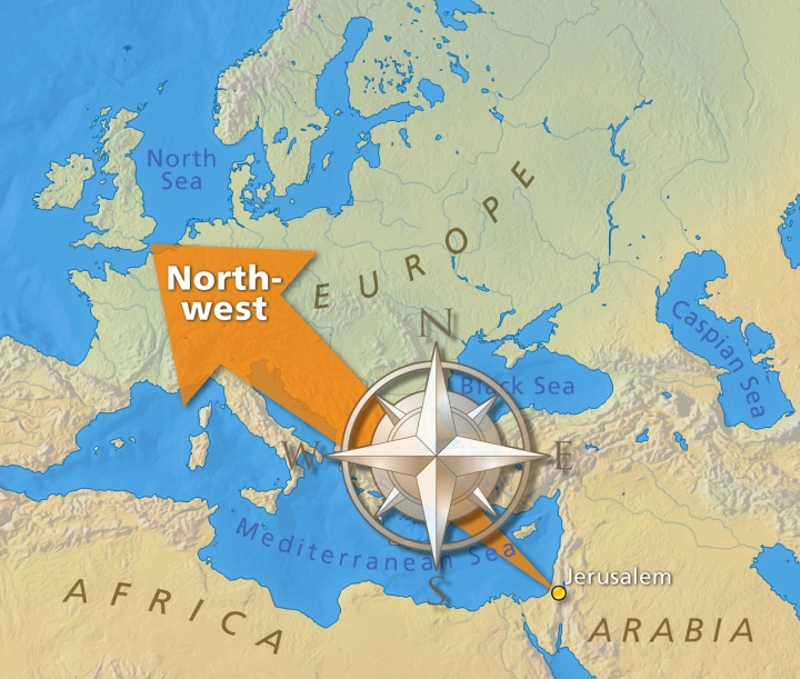 Mapa que ilustra el movimiento migratorio de pueblos del medio oriente al noroeste de Europa.