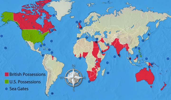 Un mapa mundial que muestra las posesiones británicas y estadounidenses junto con las principales puertas de mar.