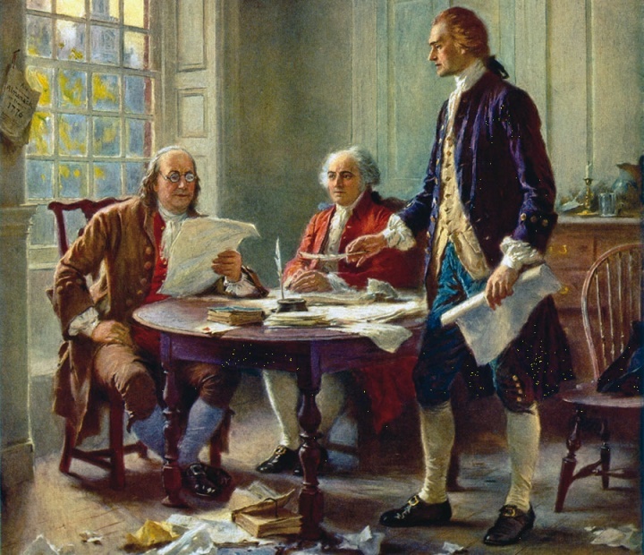 Benjamin Franklin, John Adams y Thomas Jefferson redactan la Declaración de Independencia, la cual concluyeron con una plegaria a Dios.