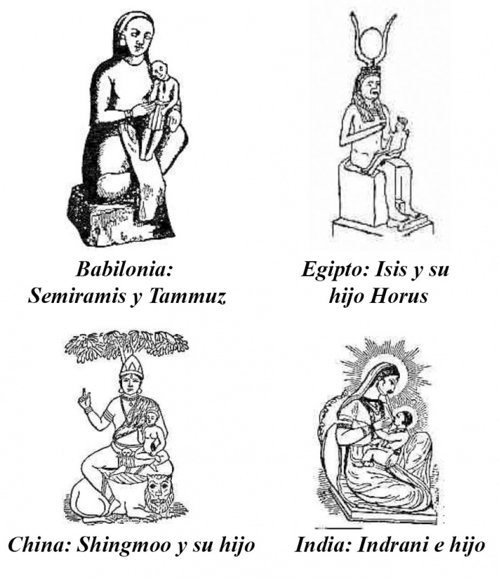 A continuación, las estatuas de la madre e hijo” de Babilonia, de Egipto, de la India y de la China.