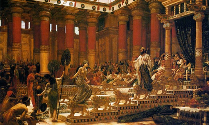 Representación de la visita de la Reina de Sabá – El trono del Rey Salomón con 12 leones