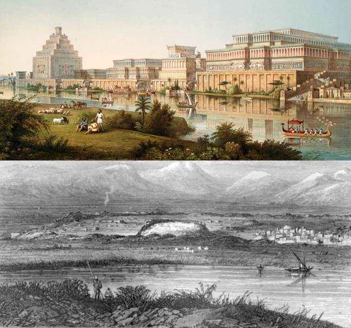 Arriba, una ilustración del Palacio de Ninive. Abajo, las ruinas del mismo, conocidas como el montículo de Tell Kuyinjik.