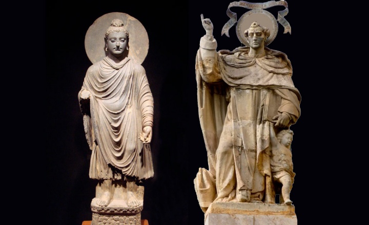 Adoración a los Santos. A la izquierda un Buda de la cultura China, a la izquierda, un santo occidental