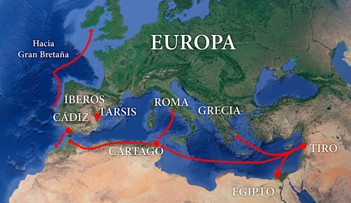 Mapa de las rutas comerciales de Tiro