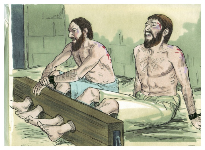 Representación artística de Pablo y Silas en el cepo