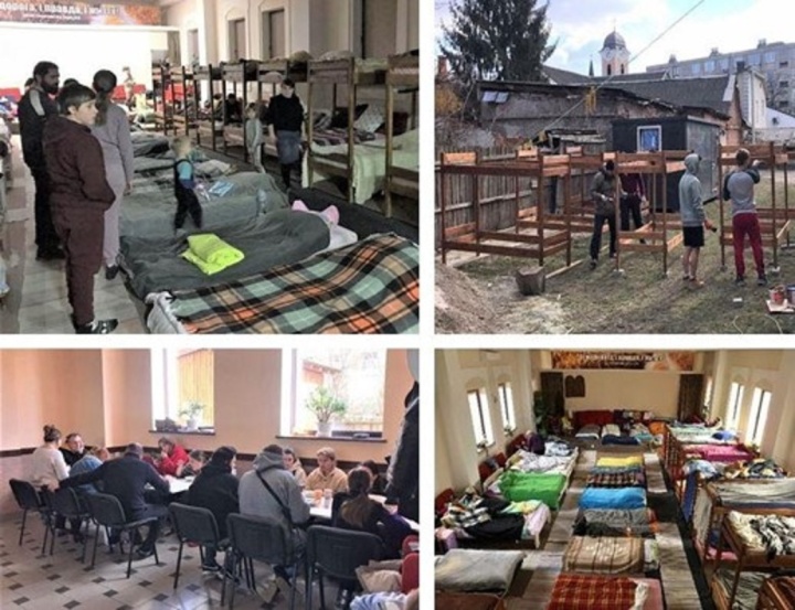 La vida esta semana pasada en Khust, Ucrania, donde la iglesia local está acogiendo a los refugiados en el salón de culto. Los miembros han estado construyendo literas y proporcionando alimentos a las personas que necesitan ser reubicadas.