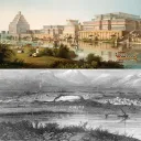 Arriba, una ilustración del Palacio de Ninive. Abajo, las ruinas del mismo, conocidas como el montículo de Tell Kuyinjik.