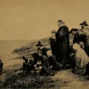 Grabado que representa a los peregrinos desembarcando en el Nuevo Mundo en 1620, después de su larguísimo viaje por mar.