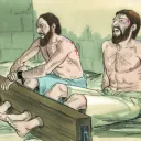 Representación artística de Pablo y Silas en el cepo.