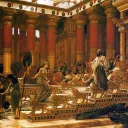 Representación de la visita de la reina de Sabá – El trono del rey Salomón con 12 leones.