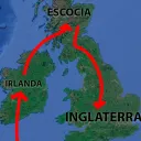 El mapa muestra los traslados profetizados del trono de David. Según la tradición, Jeremías estableció la dinastía real en Irlanda, la cual fue derrocada y plantada en Escocia y más tarde trasladada a Inglaterra.