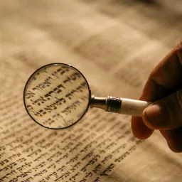reading Hebrew scroll with magnifying glass