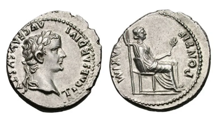 Denario con cara y sello de Tiberio César (14-37 d.C.).