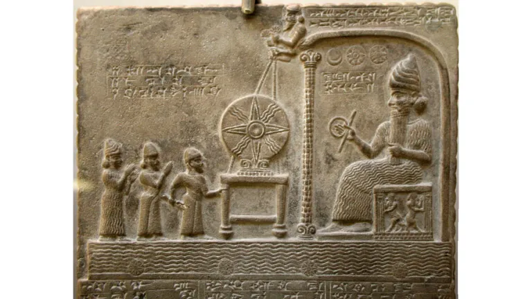 Representación babilónica del dios del sol Shamash en el trono, frente al rey babilónico Nabu-apla-iddina (888-855 a.C.) entre dos deidades que interceden.