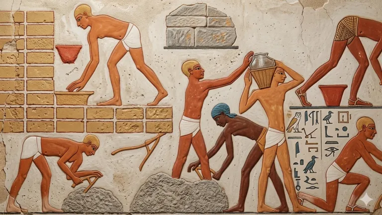Pintura mural de una tumba de Tebas. Semitas con negros fabrican ladrillos. Sacan agua de piscina rodeada de árboles. Lodo esponjado con garfios y llevando y colocando en moldes de madera con asa para ser secados al sol. Son apilados y llevados por cuerda.