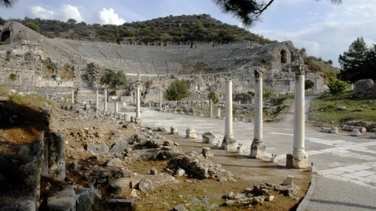 The church in the city of Ephesus, in modern-day Turkey, was the first of seven churches addressed in Revelation. Long since abandoned, Ephesus was a thriving city in John’s day and is mentioned often in the New Testament. Ephesus main street and theater.