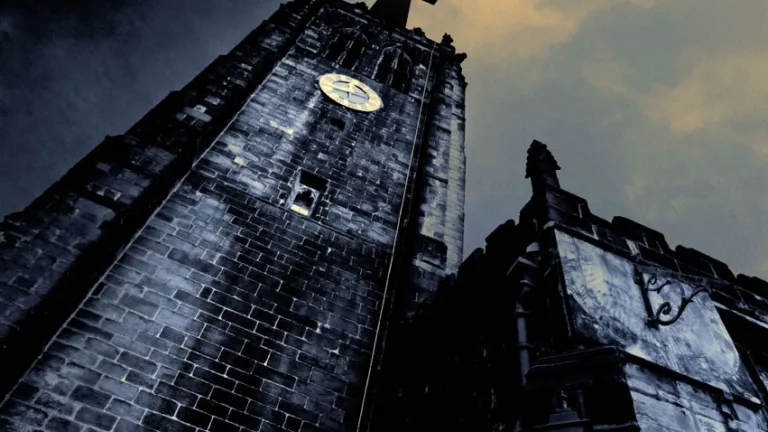 Old church tower at night.