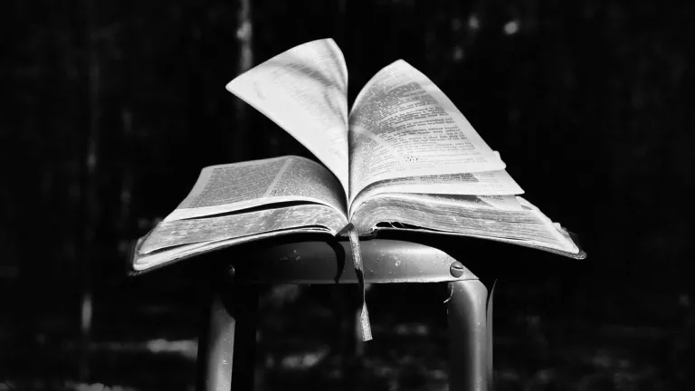 An open Bible on a metal stool.