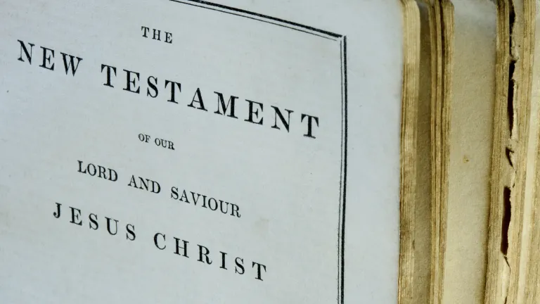 A Bible opened to the beginning of the New Testament.