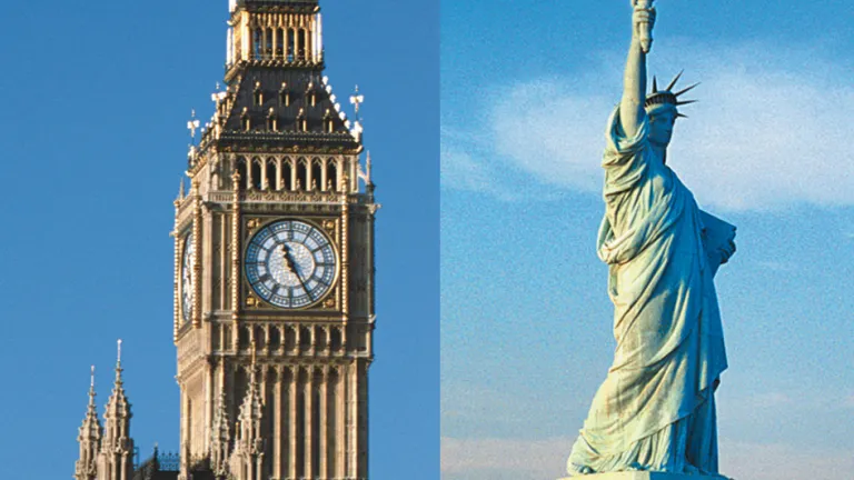 El reloj Big Ben en London, Inglaterra y la Estatua de la Libertad en Nueva York, Estados Unidos.