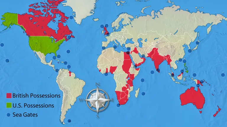 Un mapa mundial que muestra las posesiones británicas y estadounidenses junto con las principales puertas de mar.
