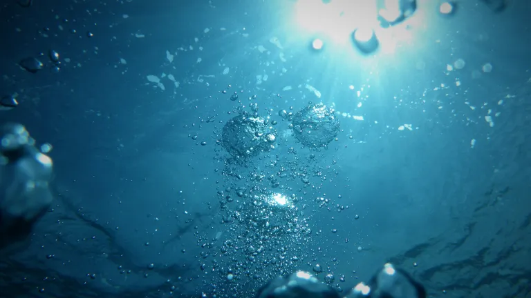Under water looking up at sun rays.