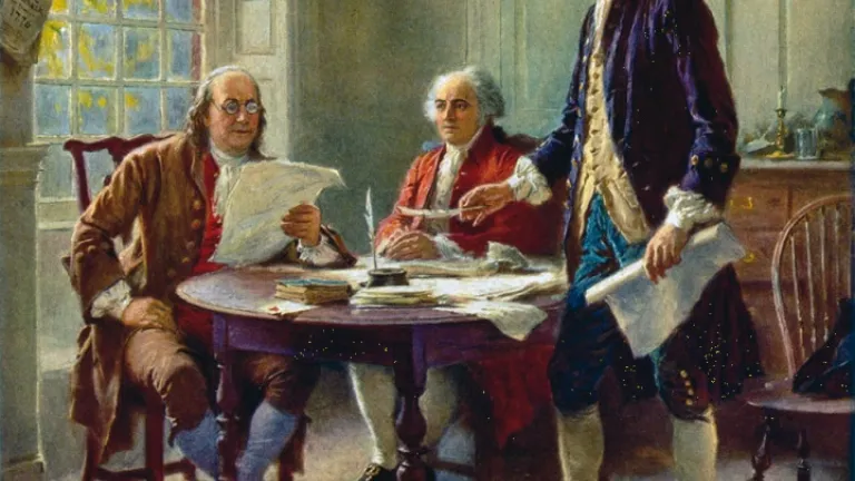 Benjamin Franklin, John Adams y Thomas Jefferson redactan la Declaración de Independencia, la cual concluyeron con una plegaria a Dios. Benjamin Franklin, John Adams y Thomas Jefferson redactan la Declaración de Independencia, la cual concluyeron con una plegaria a Dios.