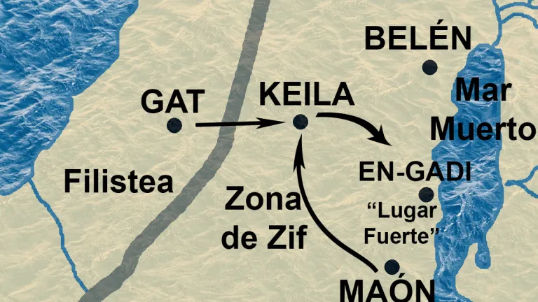 David derrota a los filisteos en Keila y viaja a región de Zif y luego a Maón