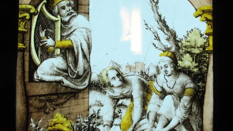 David mira a Betsabé desde la terraza del palacio mientras ella se bañaba