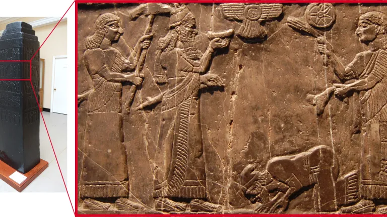 El obelisco Negro de Salmanasar III, hoy en el Museo Británico. En la figura de la derecha,  Jehú inclinándose ante Salmanasar