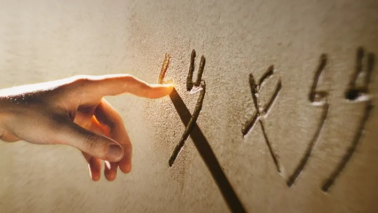 Durante un banquete el rey Baltasar vio una mano que escribía en la pared