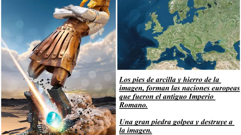 La gran imagen de los reinos del mundo es golpeada en los pies y la roca se convierte en un gran monte