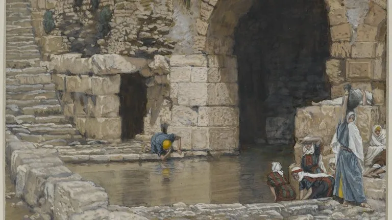 Representación artística del ciego lavando sus ojos en el estanque de Siloé.