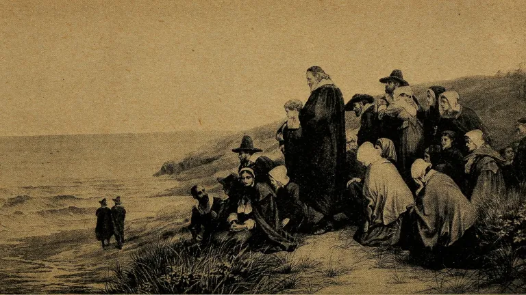 Grabado que representa a los peregrinos desembarcando en el Nuevo Mundo en 1620, después de su larguísimo viaje por mar. Grabado que representa a los peregrinos desembarcando en el Nuevo Mundo en 1620, después de su larguísimo viaje por mar.