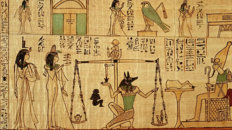 Anubis, el dios con cabeza de chacal pesa el corazón del muerto en las escalas de la justicia y mira a Osiris para la sentencia – vida eterna en el paraíso o ser arrojado en el fuego, agua hirviendo o a un monstruo para ser destrozado.