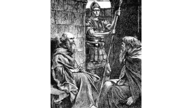 Ilustración de Pablo y Onésimo en prisión.
