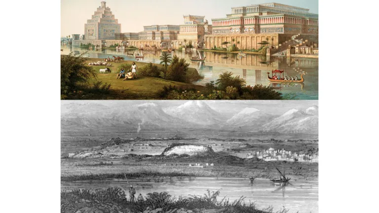 Arriba, una ilustración del palacio de Nínive. Abajo, las ruinas del mismo, conocidas como "el montículo de Tell Kuyinjik".