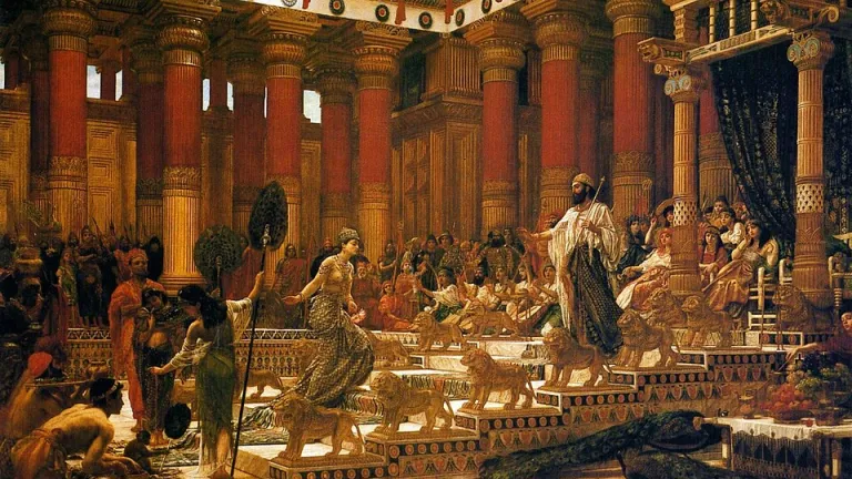 Representación de la visita de la reina de Sabá – El trono del rey Salomón con 12 leones.