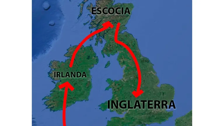El mapa muestra los traslados profetizados del trono de David. Según la tradición, Jeremías estableció la dinastía real en Irlanda, la cual fue derrocada y plantada en Escocia y más tarde trasladada a Inglaterra.