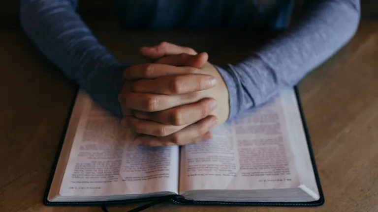 hands clasped over bible