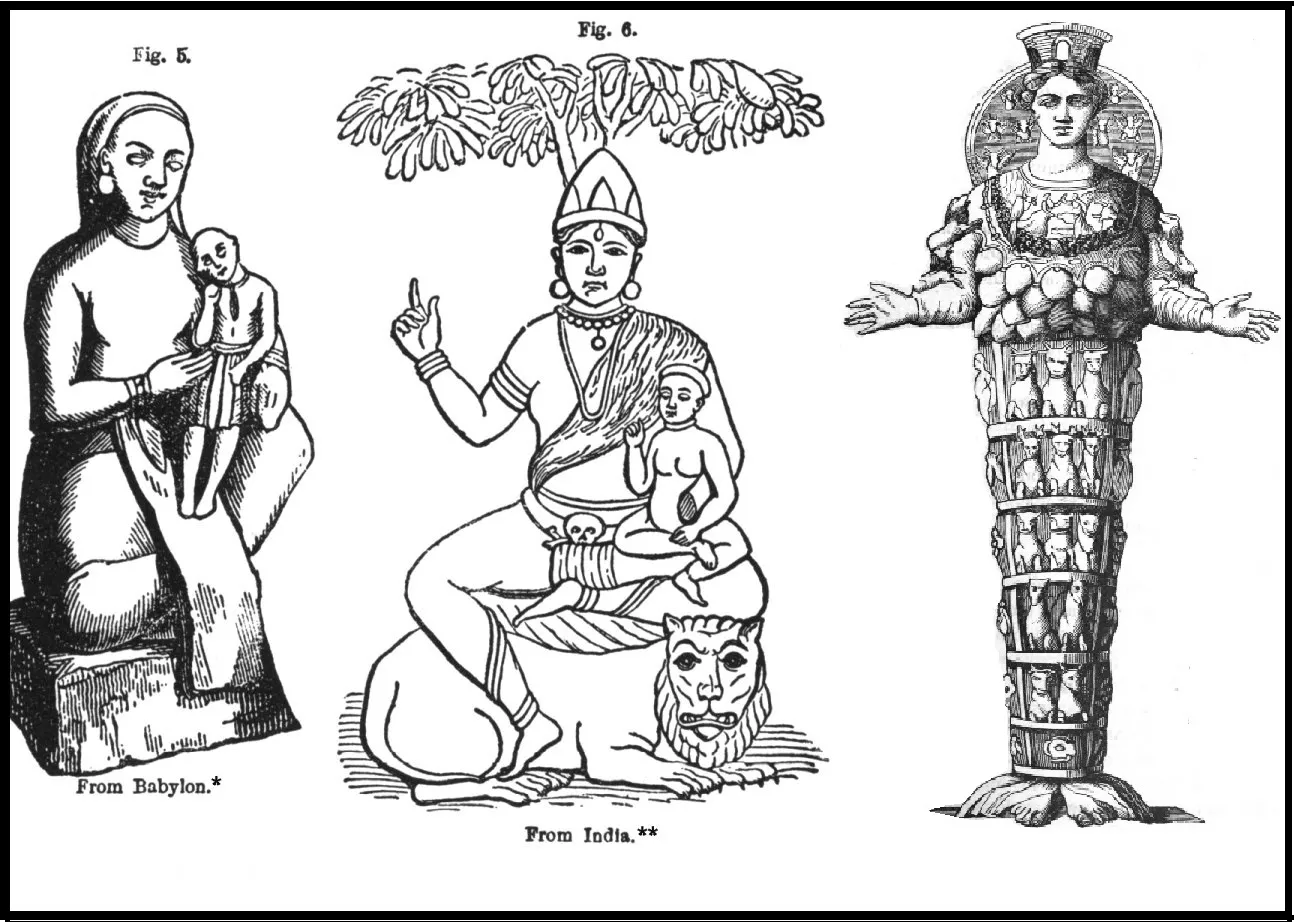 1- Semíramis y Tammuz; 2- Isi e Iswara, de la India; 3- Diana de Efesios, madre de los dioses, conocida como Artemisa (griegos). “La Dama” o “Madona” que los romanos llamaban Rea la diosa de las torres. 1- Semíramis y Tammuz; 2- Isi e Iswara, de la India; 3- Diana de Efesios, madre de los dioses, conocida como Artemisa (griegos). “La Dama” o “Madona” que los romanos llamaban Rea la diosa de las torres.